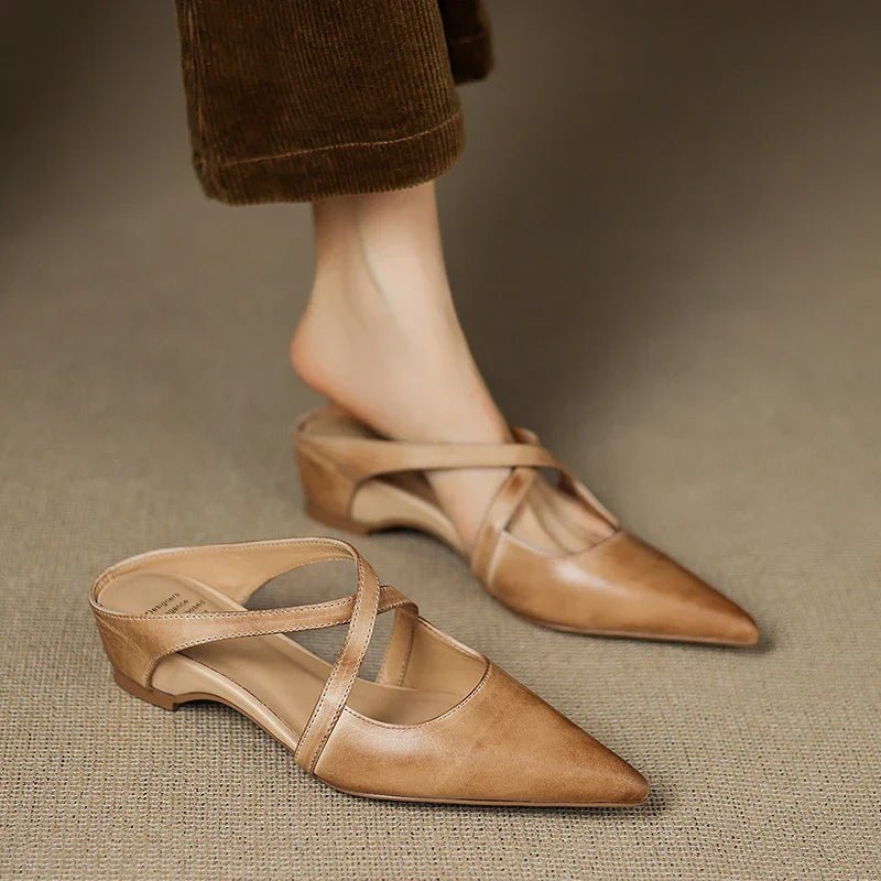 Women's pointed mule shoes with crossed straps and low wedge heels