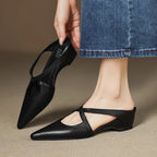 Women's pointed mule shoes with crossed straps and low wedge heels