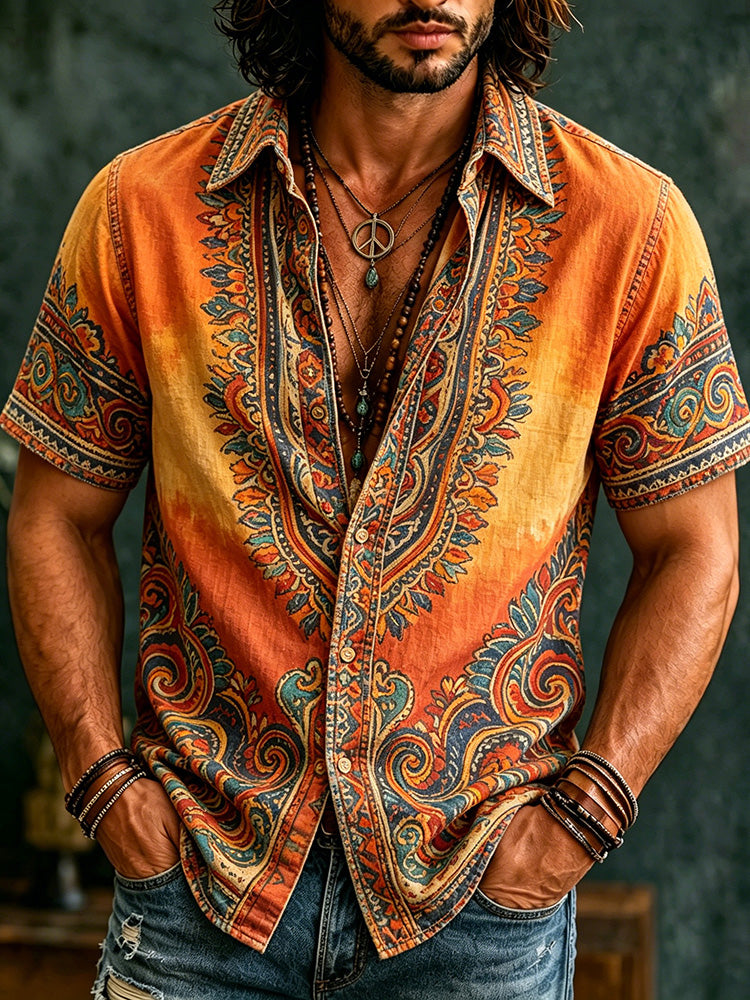Men's orange paisley short sleeve button front shirt