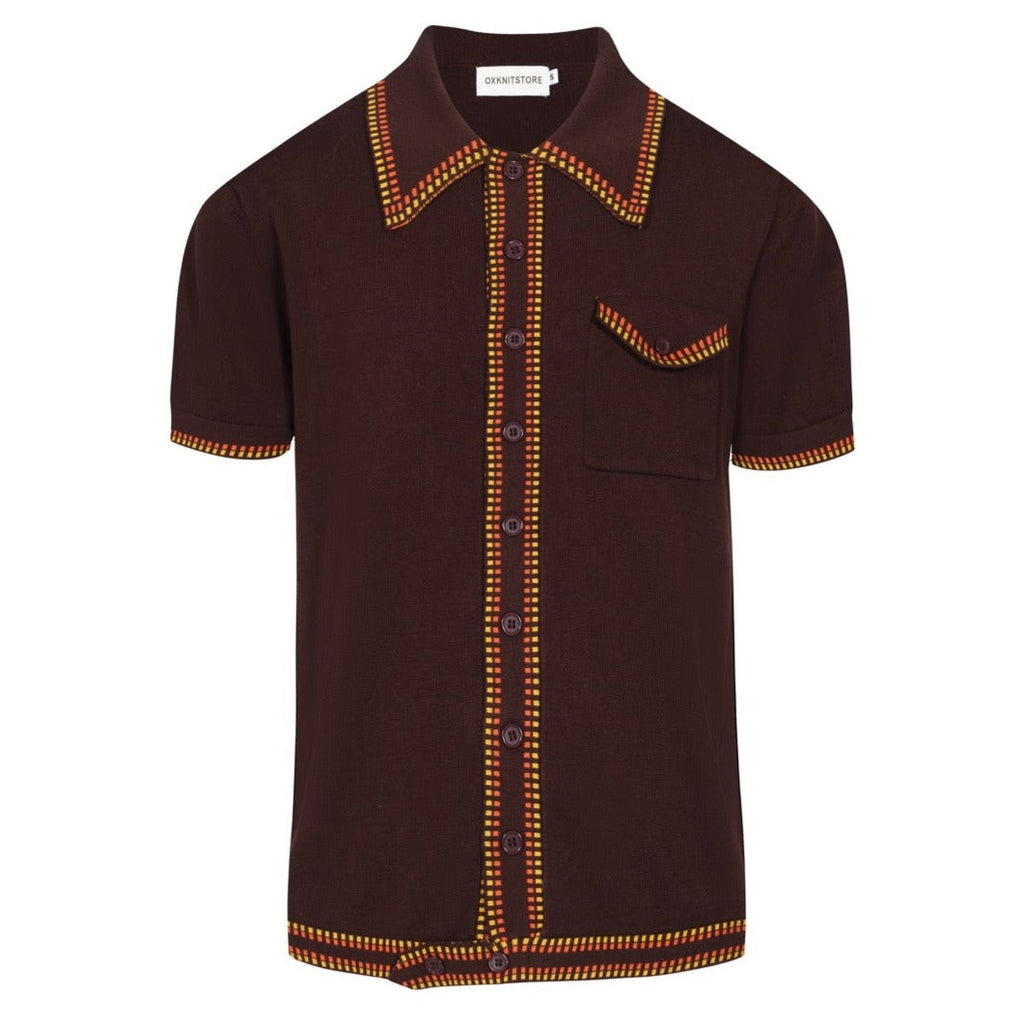 Men's dark brown knit polo shirt with yellow and red geometric trim