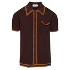 Men's dark brown knit polo shirt with yellow and red geometric trim
