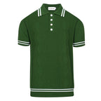 Men's green cable knit polo shirt with striped collar and short sleeves
