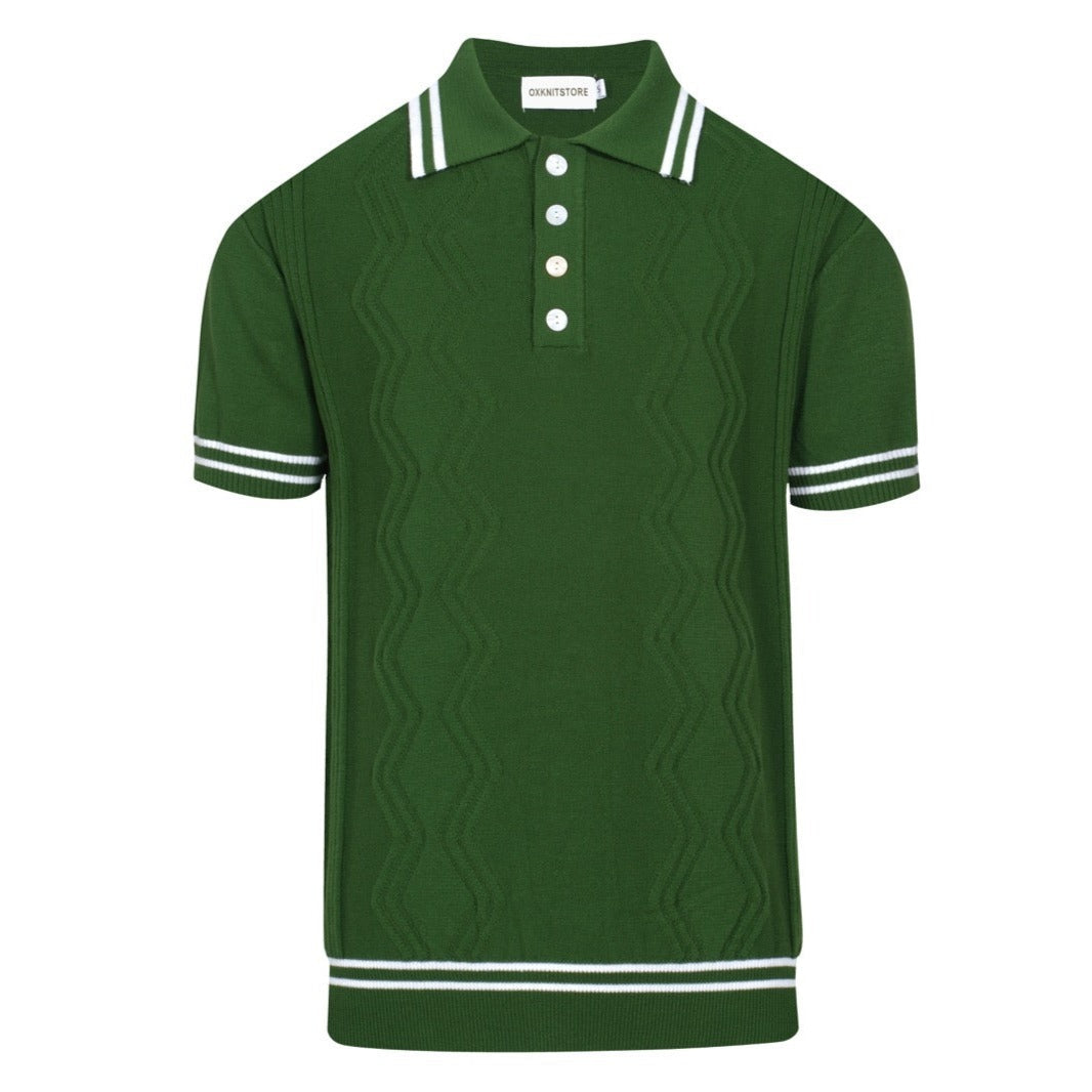 Men's green cable knit polo shirt with striped collar and short sleeves
