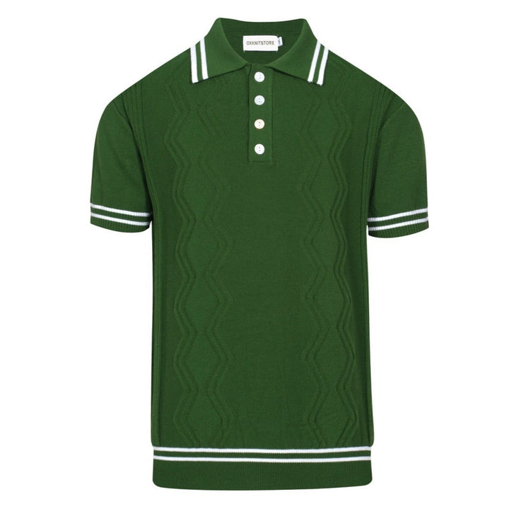 Men's green cable knit polo shirt with striped collar and short sleeves