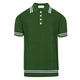 Men's green cable knit polo shirt with striped collar and short sleeves