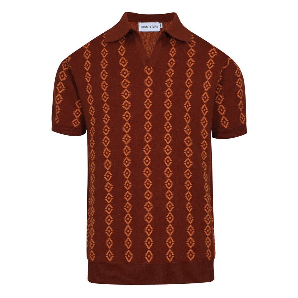 Men's brown geometric knit polo shirt with short sleeves