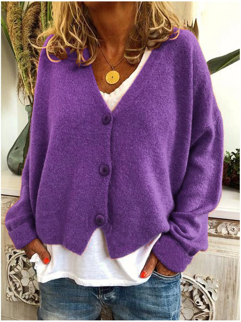 Women's plain knit V-neck cardigan with long sleeves and button fastening