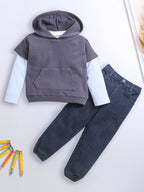 Unisex hooded top with striped sleeves and jogger trousers set
