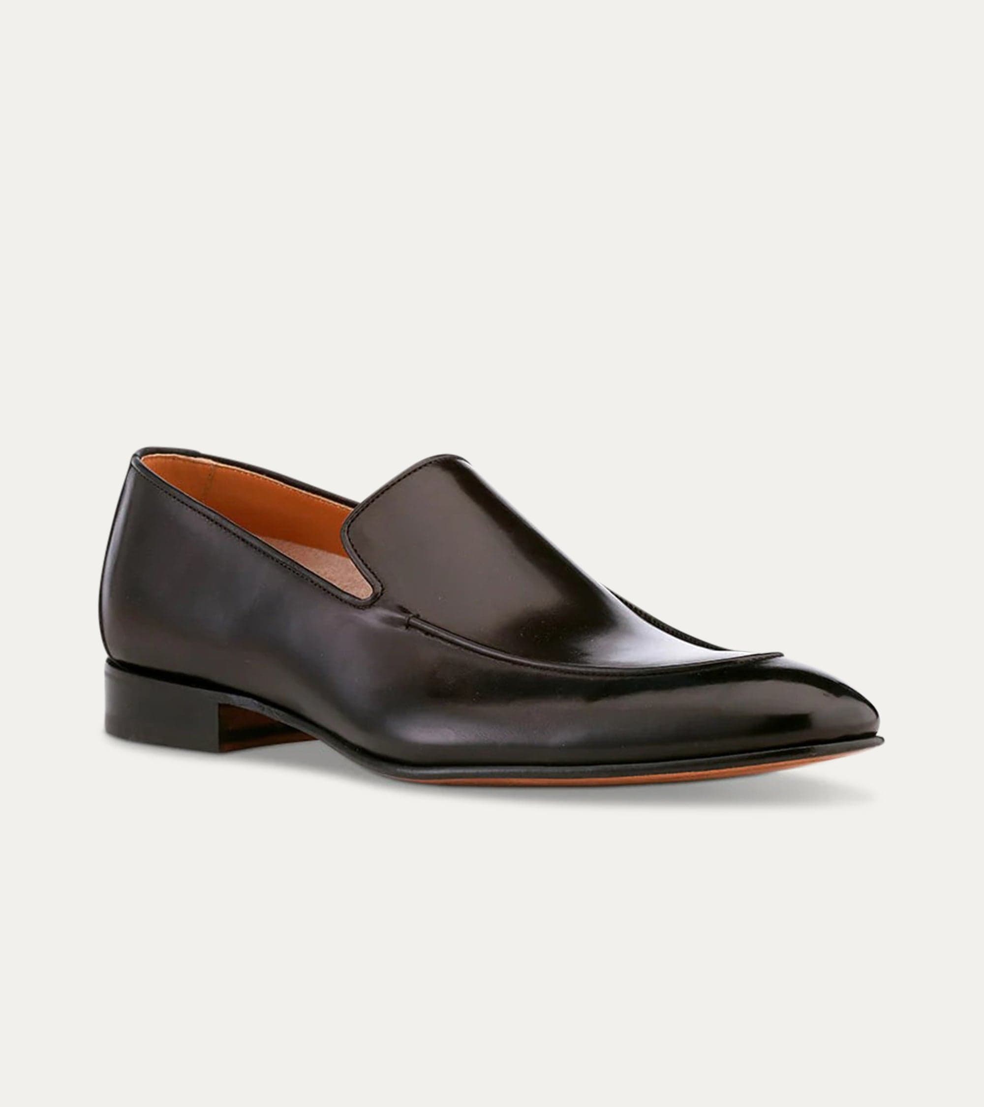 Men's black glossy apron front loafer with pointed toe