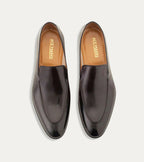 Men's black glossy apron front loafer with pointed toe