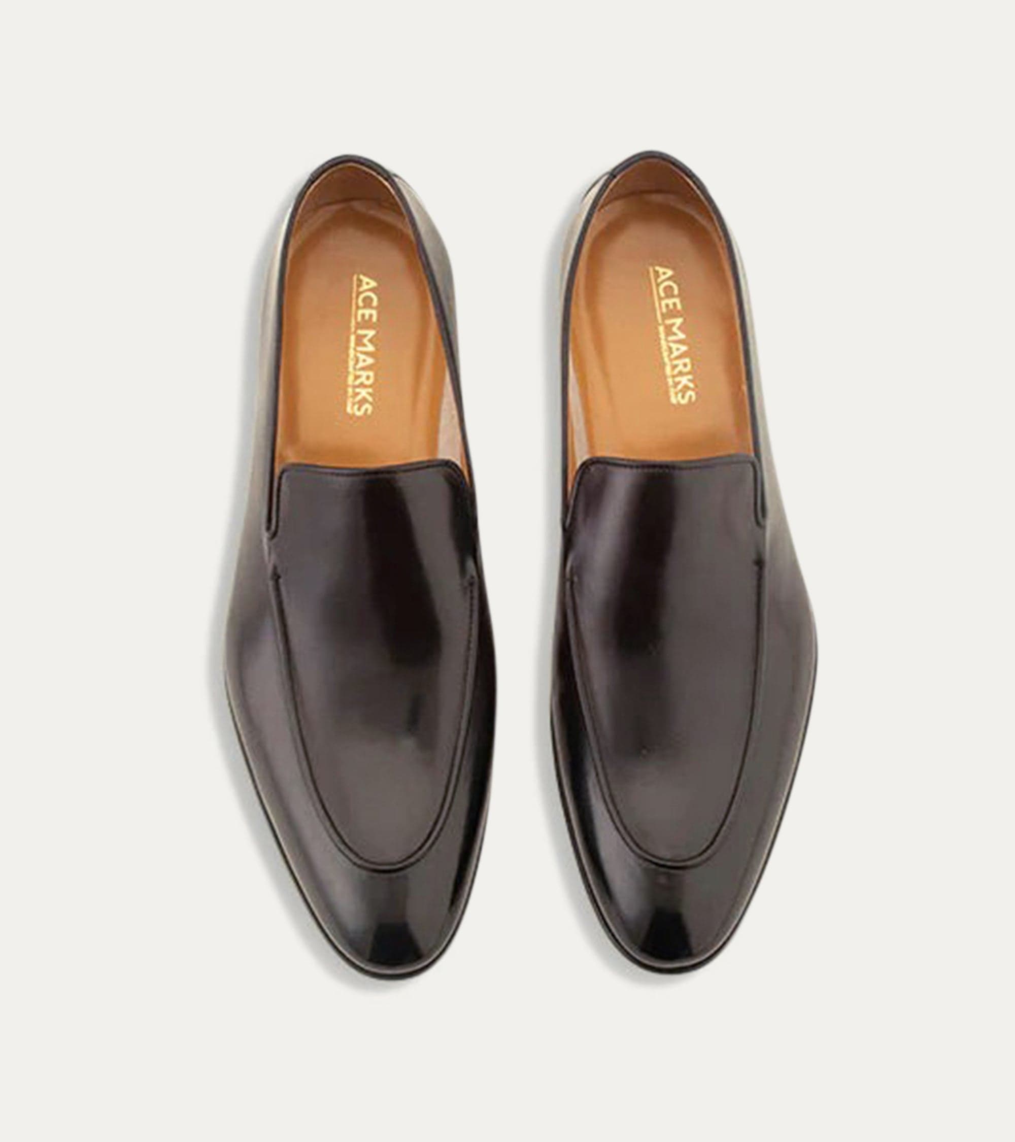 Men's black glossy apron front loafer with pointed toe