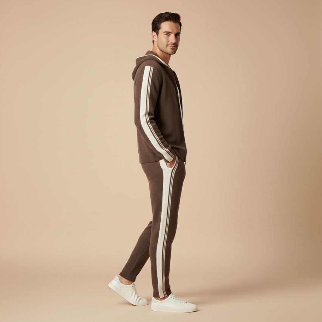 Men's knit hooded tracksuit set with contrast stripes on the sleeves and legs
