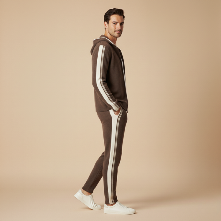 Men's knit hooded tracksuit set with contrast stripes on the sleeves and legs