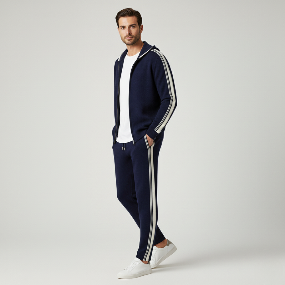 Men's knit hooded tracksuit set with contrast stripes on the sleeves and legs