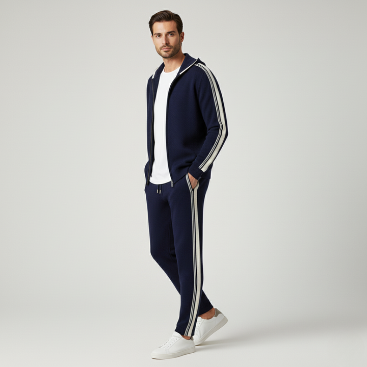 Men's knit hooded tracksuit set with contrast stripes on the sleeves and legs