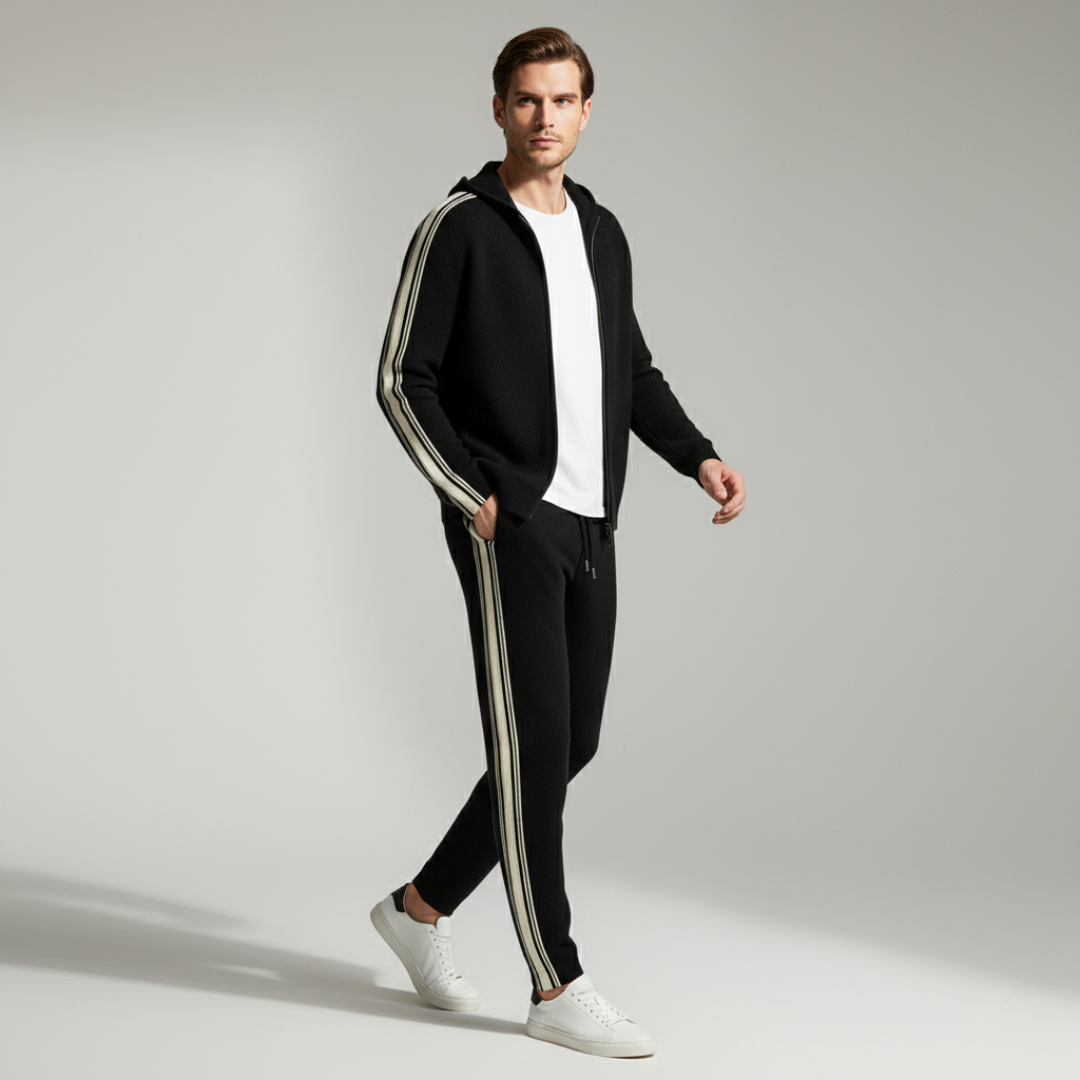 Men's knit hooded tracksuit set with contrast stripes on the sleeves and legs