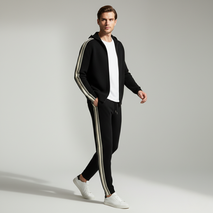 Men's knit hooded tracksuit set with contrast stripes on the sleeves and legs
