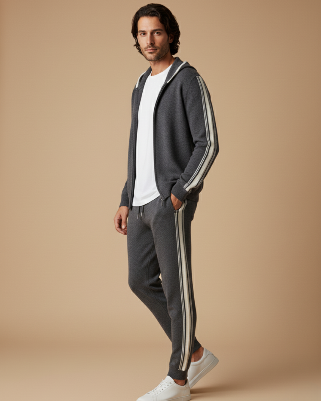 Men's knit hooded tracksuit set with contrast stripes on the sleeves and legs