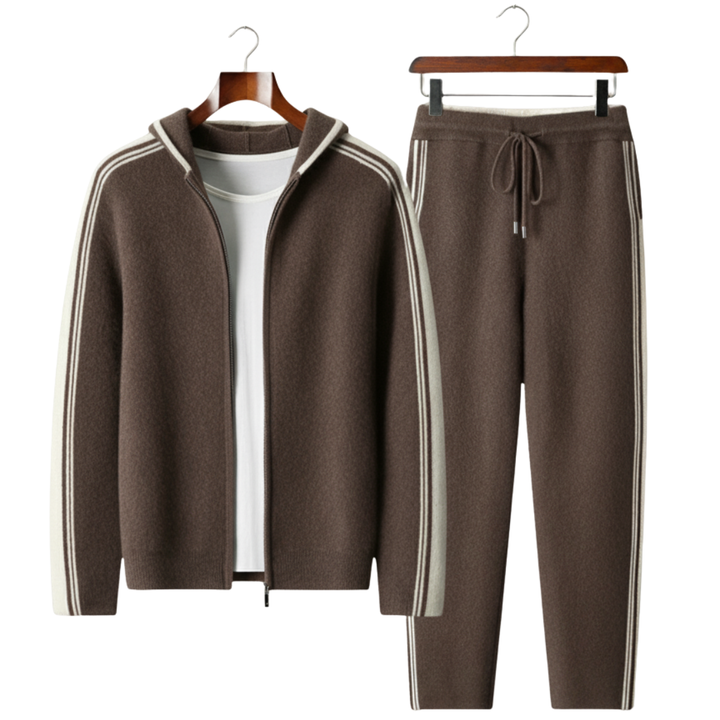 Men's dark mocha knit hooded tracksuit set with contrast stripes on the sleeves and legs