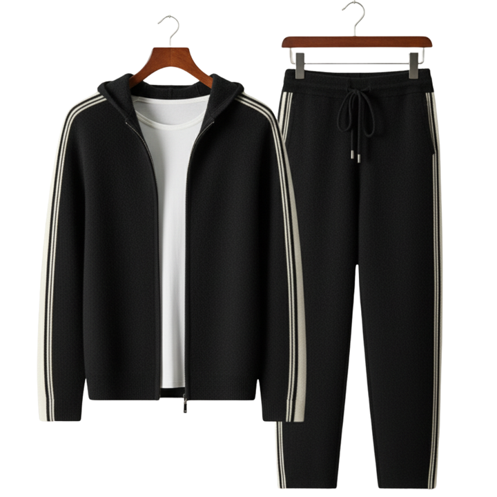 Men's black knit hooded tracksuit set with contrast stripes on the sleeves and legs