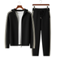 Men's black knit hooded tracksuit set with contrast stripes on the sleeves and legs