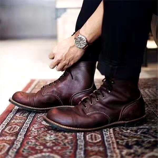 Men's lace-up ankle boots with rounded toes and stitched panel detailing