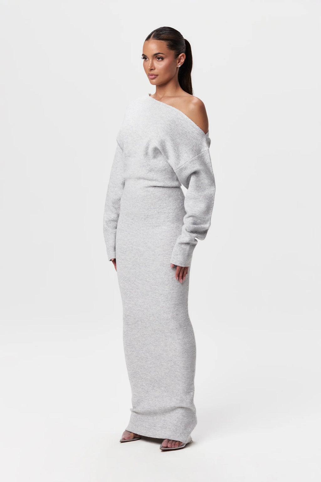 Women's asymmetric one-shoulder knit maxi dress with long sleeves