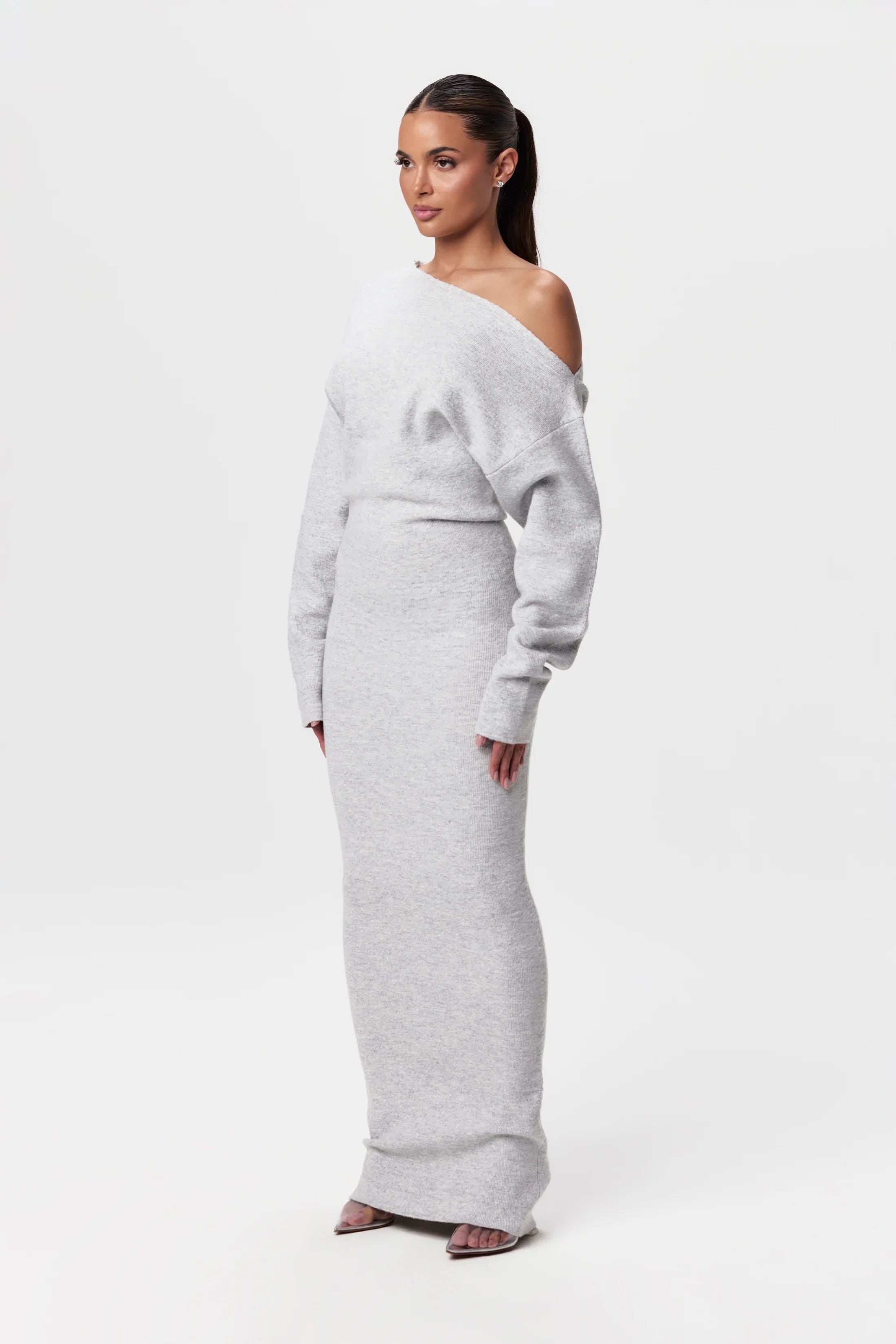 Women's asymmetric one-shoulder knit maxi dress with long sleeves