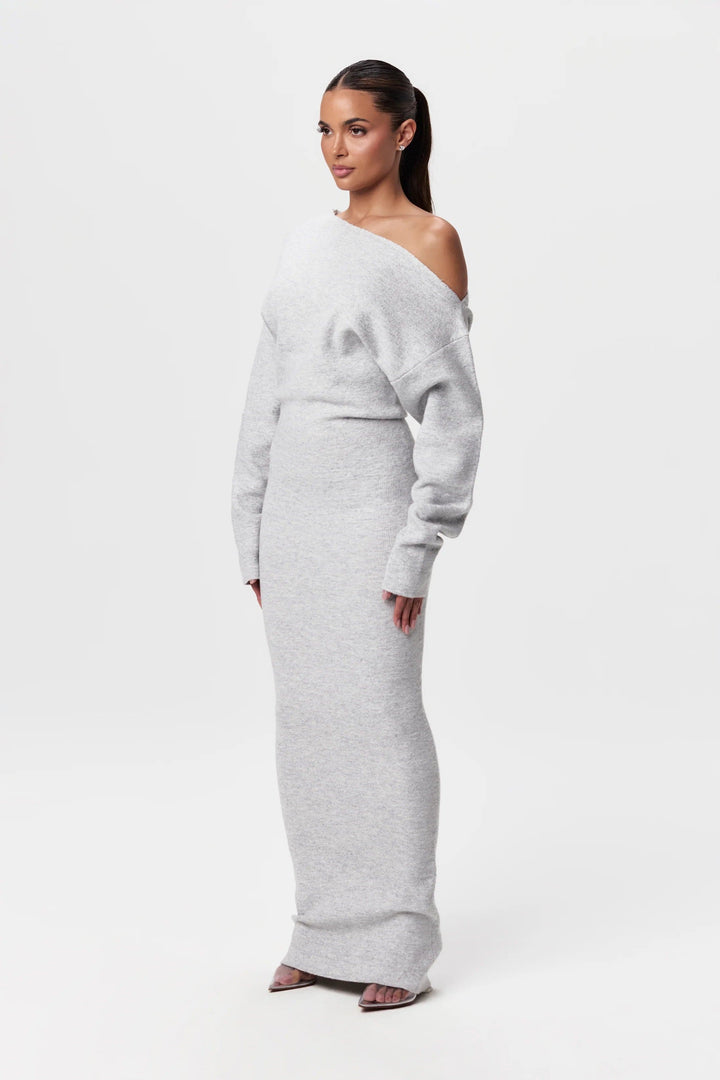 Women's asymmetric one-shoulder knit maxi dress with long sleeves