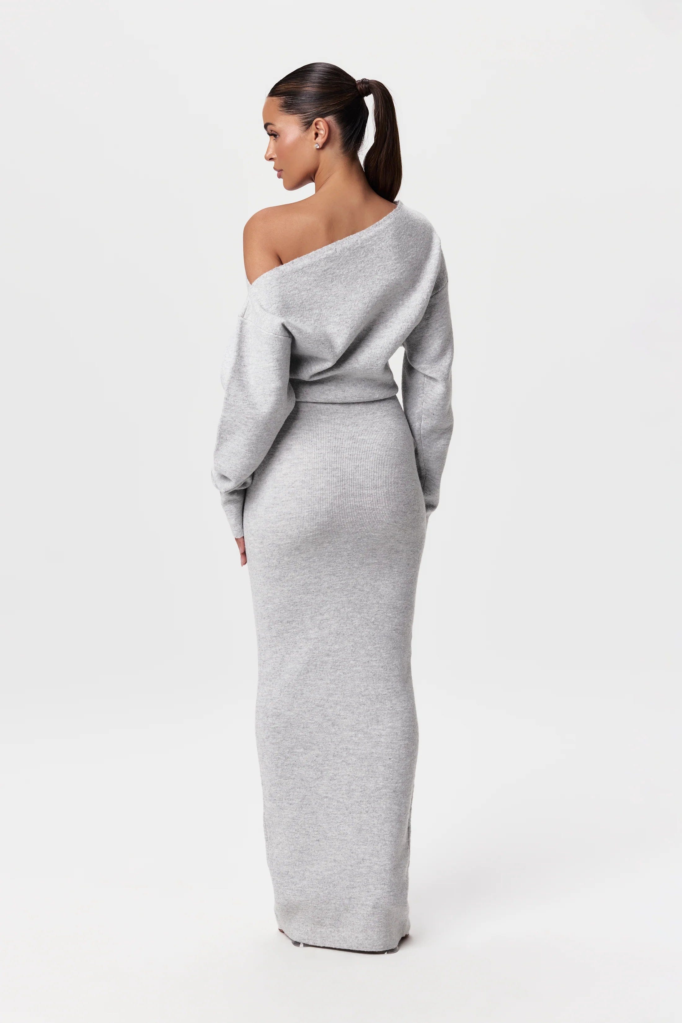 Women's asymmetric one-shoulder knit maxi dress with long sleeves