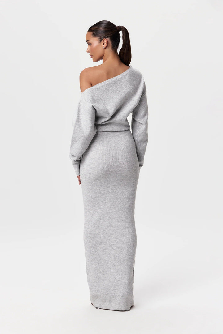 Women's asymmetric one-shoulder knit maxi dress with long sleeves