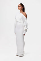 Women's asymmetric one-shoulder knit maxi dress with long sleeves