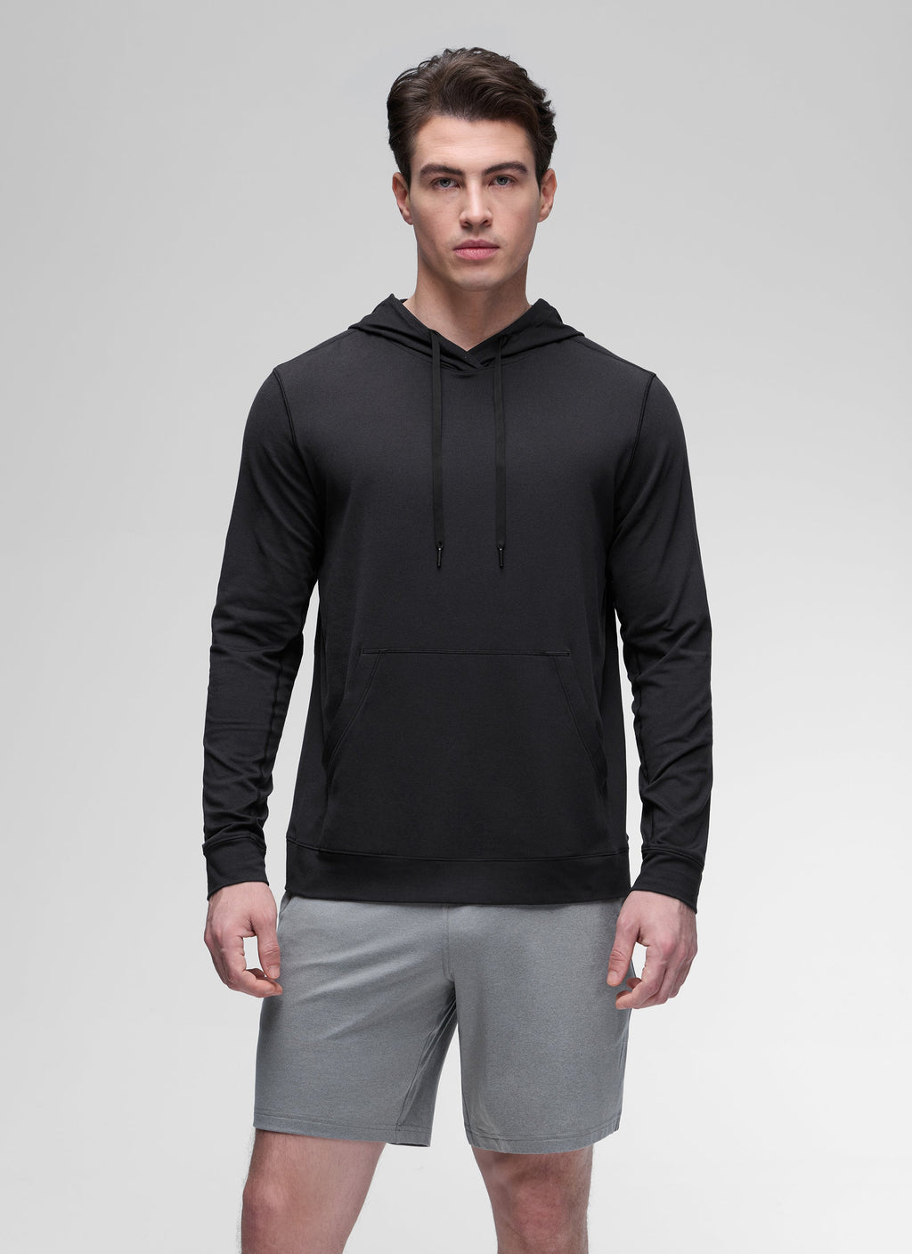 Men's long-sleeve pullover hoodie with drawstring hood and front pouch pocket