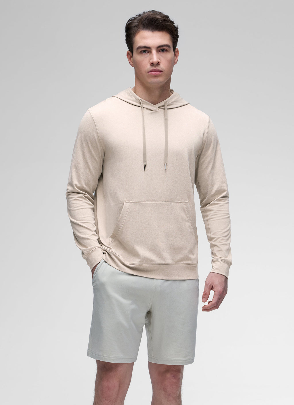 Men's long-sleeve pullover hoodie with drawstring hood and front pouch pocket