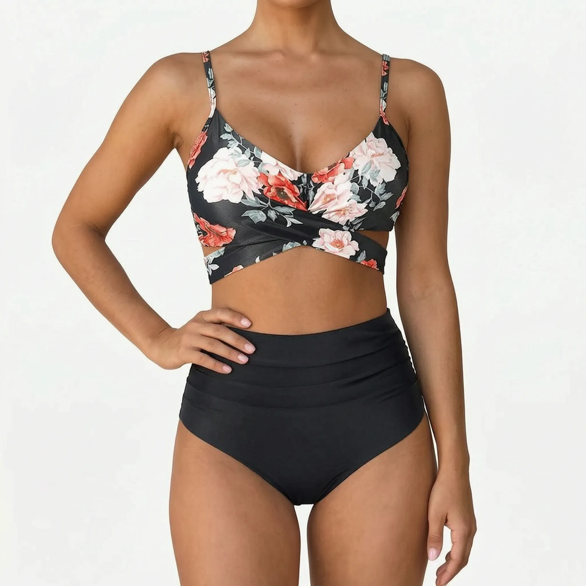 Naluwa  - Ladies High Waisted Floral Bikini Set Swimming At The Beach