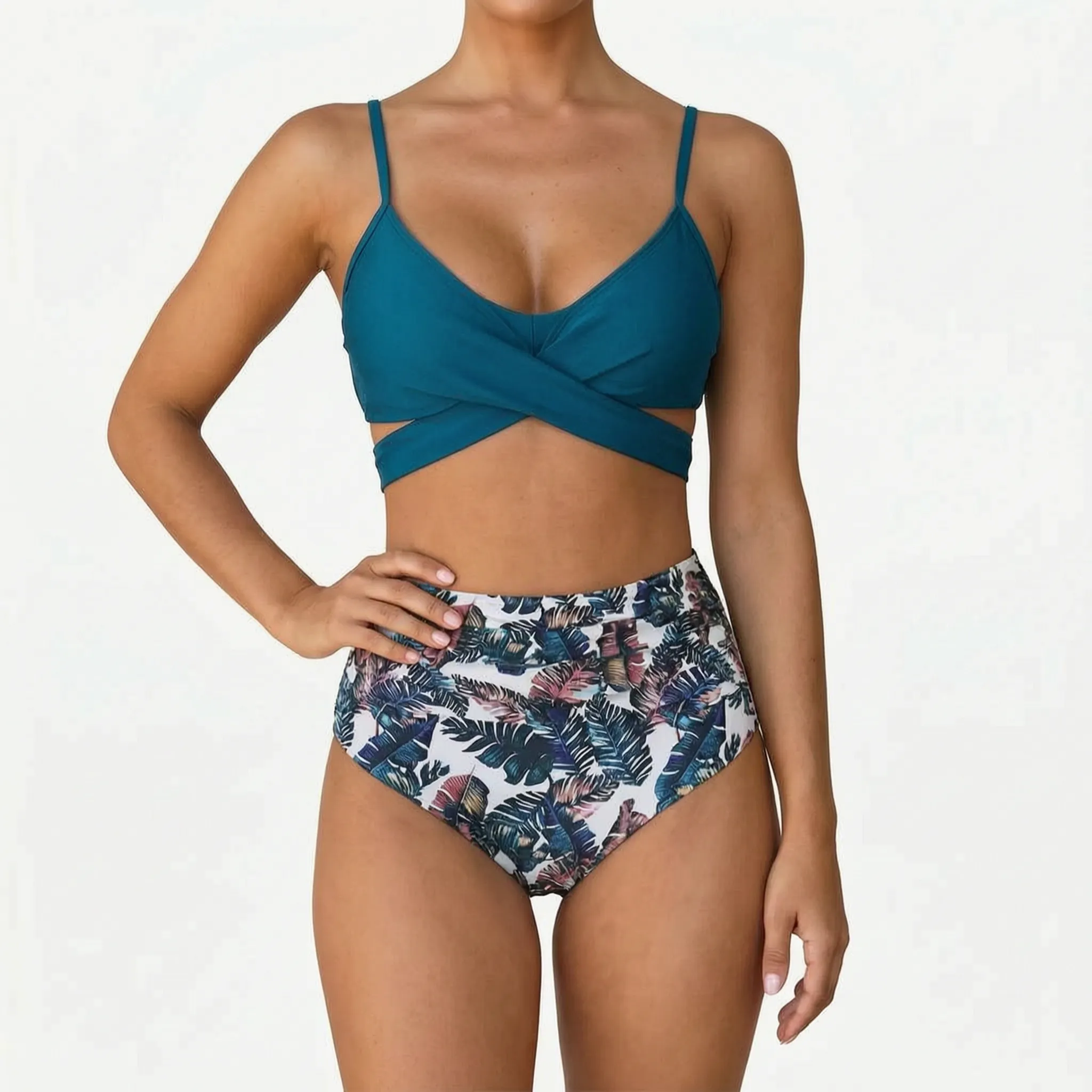 Naluwa  - Ladies High Waisted Floral Bikini Set Swimming At The Beach