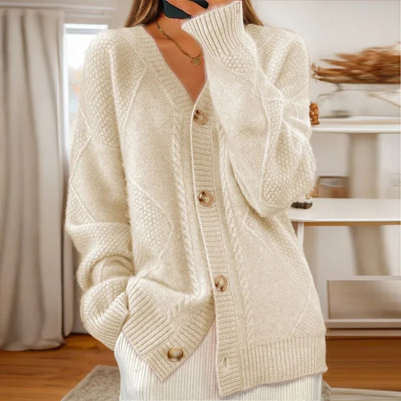Women's cable knit cardigan with V-neck and button front