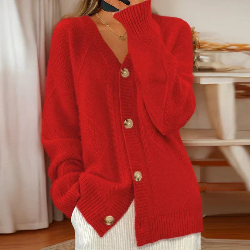 Women's cable knit cardigan with V-neck and button front