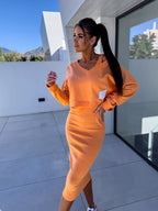 Women's V-neck long-sleeve sweatshirt and fitted midi skirt outfit set