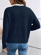 Women's V-neck knit sweater with white lace collar and long sleeves