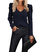 Women's ribbed V-neck jumper with puff sleeves