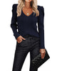 Women's ribbed V-neck jumper with puff sleeves