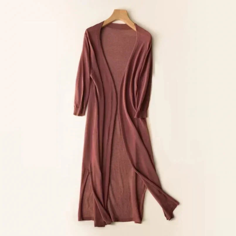 Women's long open front cardigan with three-quarter sleeves and side slits