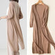 Women's long open front cardigan with three-quarter sleeves and side slits