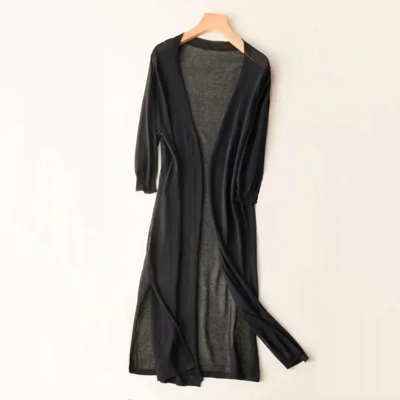 Women's long open front cardigan with three-quarter sleeves and side slits