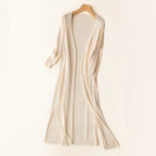 Women's long open front cardigan with three-quarter sleeves and side slits