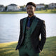 Men's slim fit three-piece suit with contrasting notch lapels and button-front waistcoat