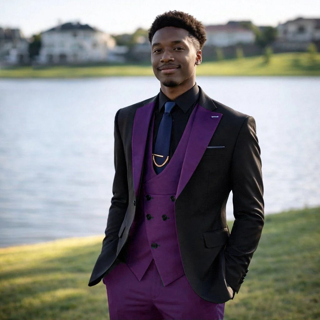 Men's slim fit three-piece suit with contrasting notch lapels and button-front waistcoat