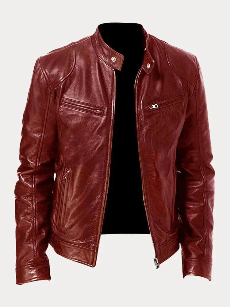 Women's fitted motorcycle jacket with stand collar, long sleeves and zipped pockets