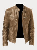 Women's fitted motorcycle jacket with stand collar, long sleeves and zipped pockets